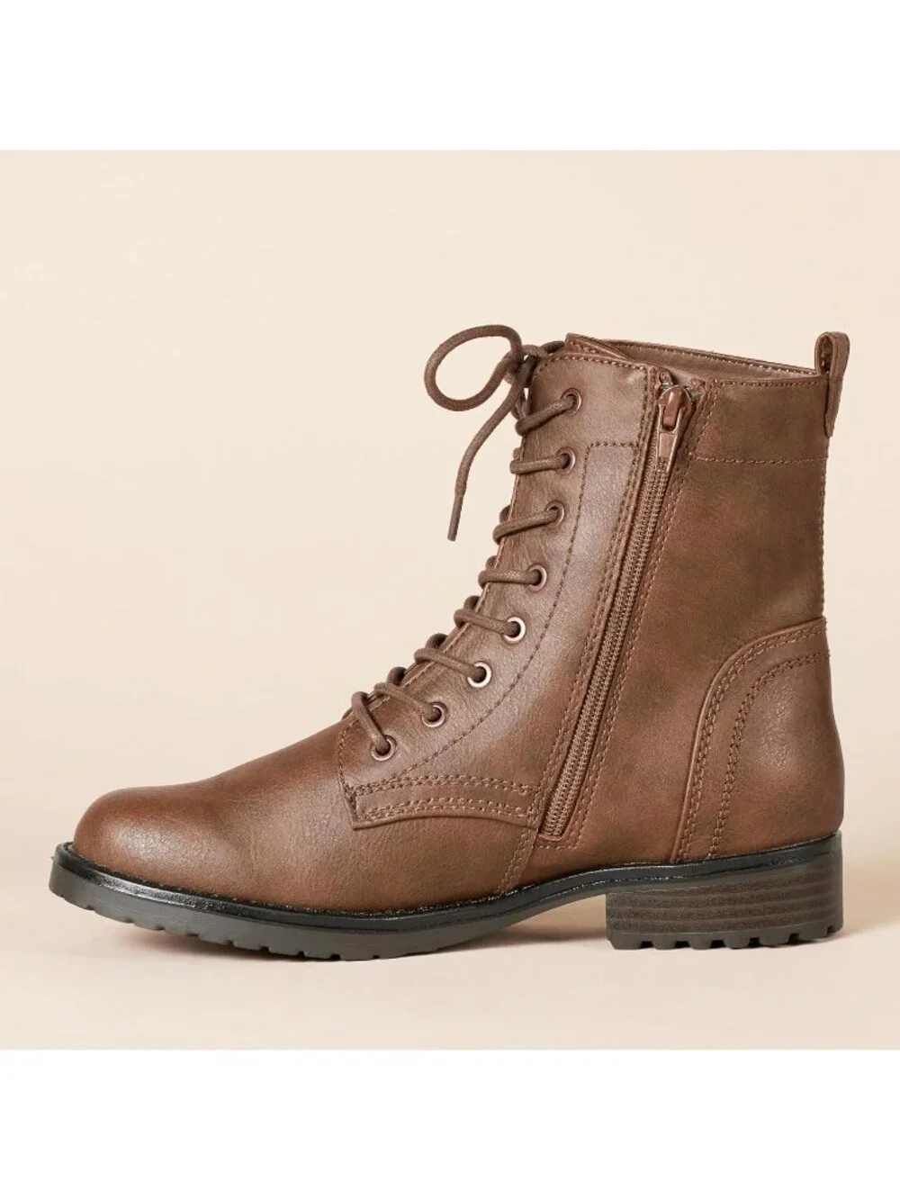 Women's Brown Lace Up Combat Side Zipper Lug Sole Faux Leather Ankle Boots